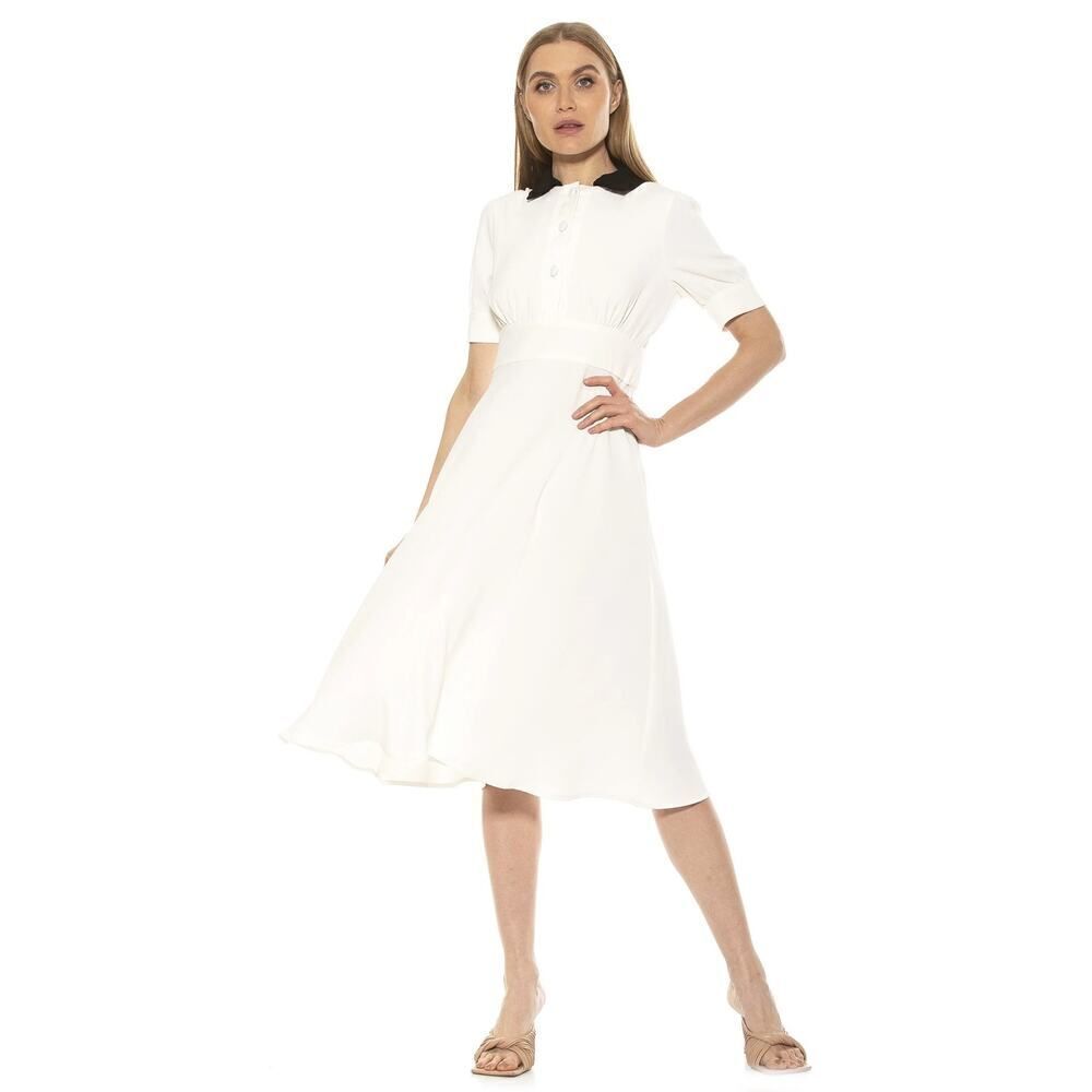 Alexia Admor Emery Midi DressβWomen's 10 White Black Short Sleeves Collar Neck
